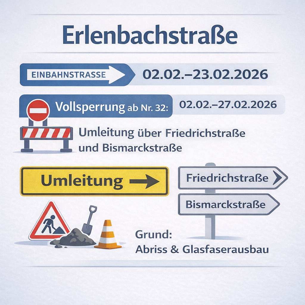 Erlenbachstraße: Einbahnregelung und Vollsperrung wegen Bauarbeiten